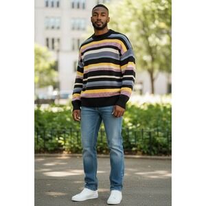BDG Mens Striped Crewneck Sweater Size M Black Yellow Blue‎ Purple Knit